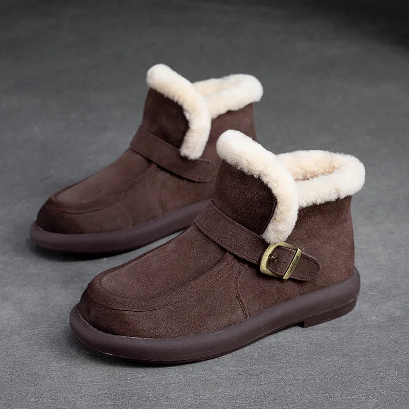 Women Retro Minimalist Leather Furred Winter Snow Boots