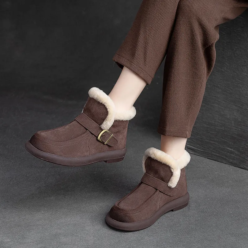 Women Retro Minimalist Leather Furred Winter Snow Boots