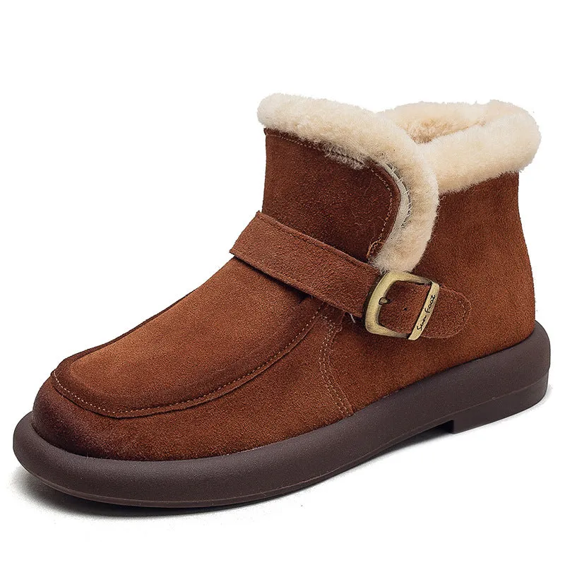 Women Retro Minimalist Leather Furred Winter Snow Boots