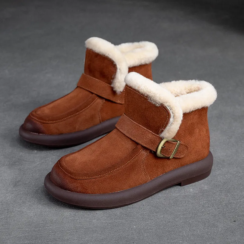 Women Retro Minimalist Leather Furred Winter Snow Boots