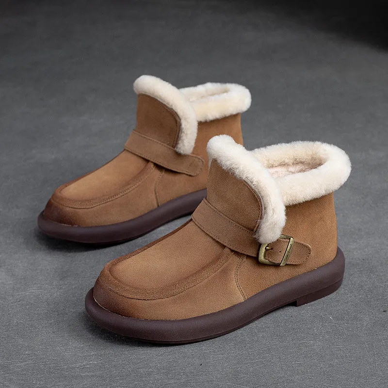 Women Retro Minimalist Leather Furred Winter Snow Boots