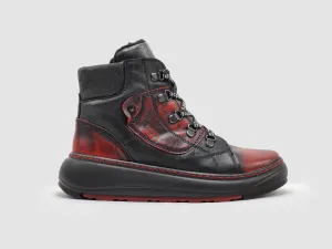 Women's Retro Thick Wool-Lined Leather Boots - Black & Red