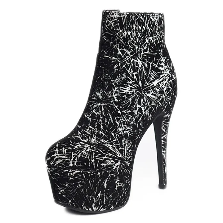 Women's Sequins Side Zippers Platform Stiletto Heel Short Boots