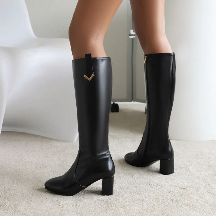 Women's Side Zippers Block Heel Knee High Boots